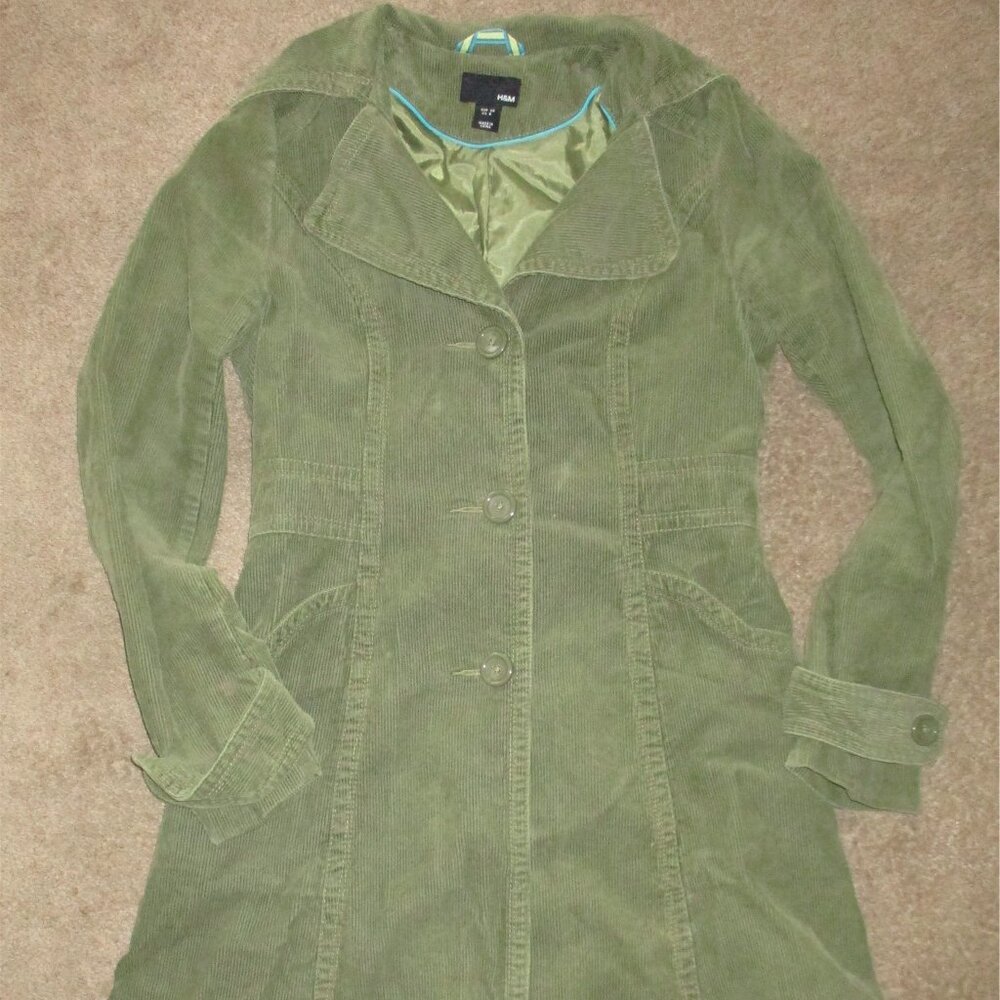 H&M Long Corduroy Jacket Women's Size 6 Green